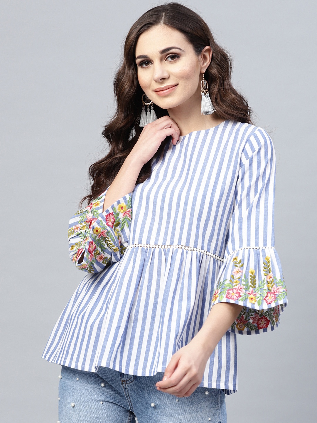 

Bhama Couture Blue & White Striped A-Line Pure Cotton Top