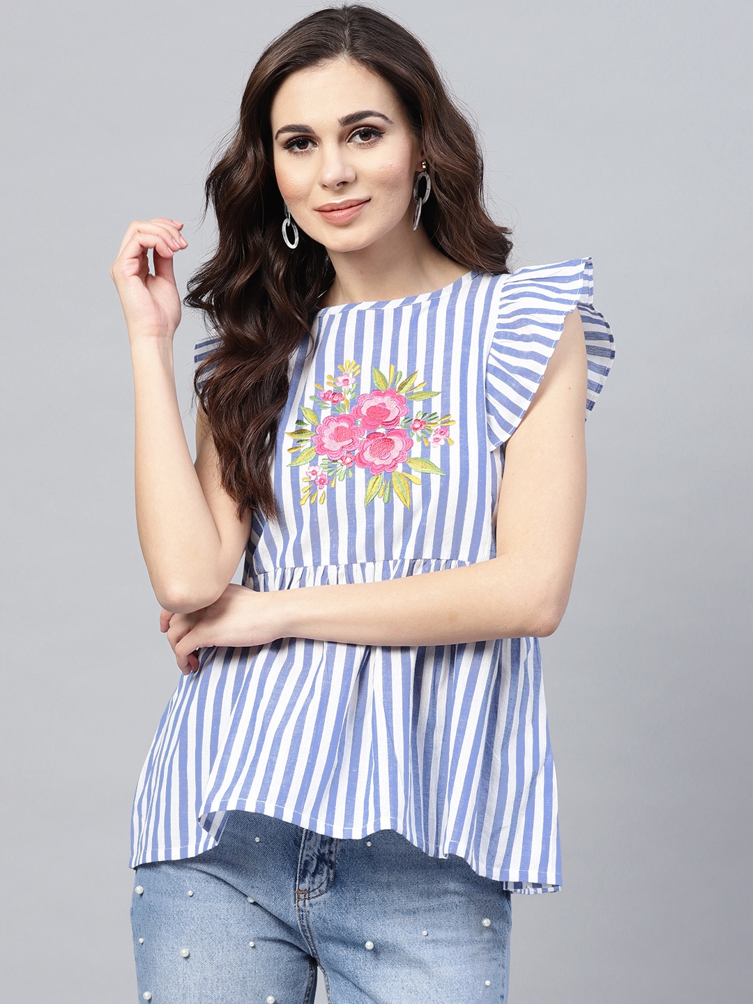 

Bhama Couture Women Blue & White Striped A-Line Top
