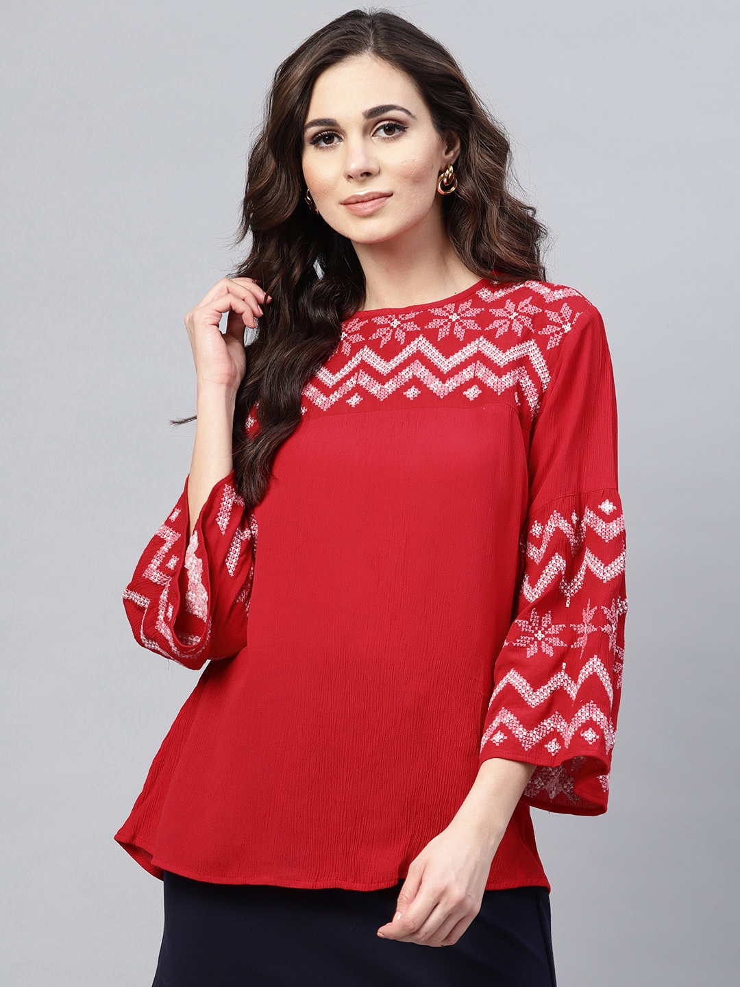 

Bhama Couture Red Embroidered Detail A-Line Top