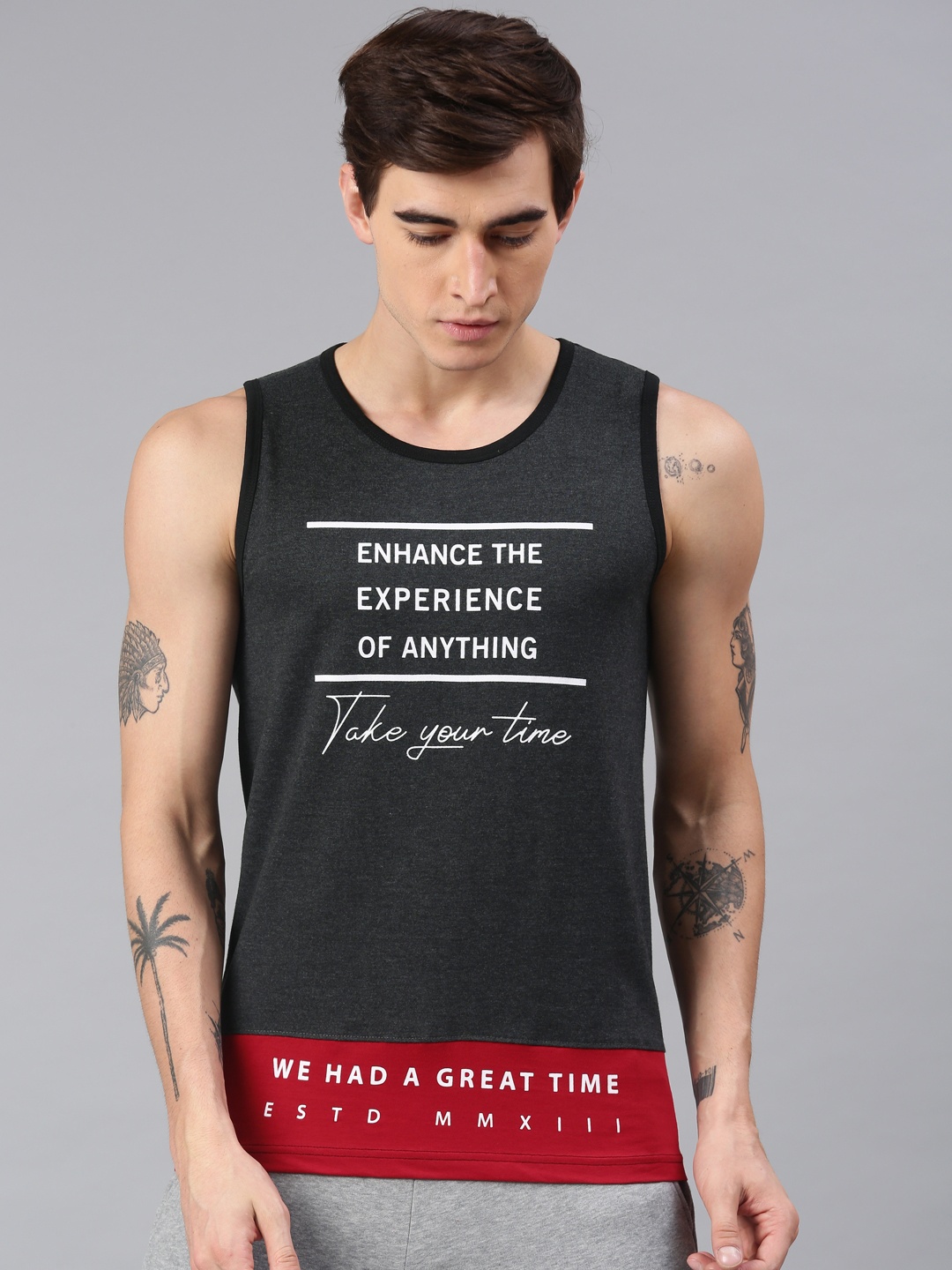 

Maniac Men Charcoal Grey Red Printed Round Neck Pure Cotton T-shirt