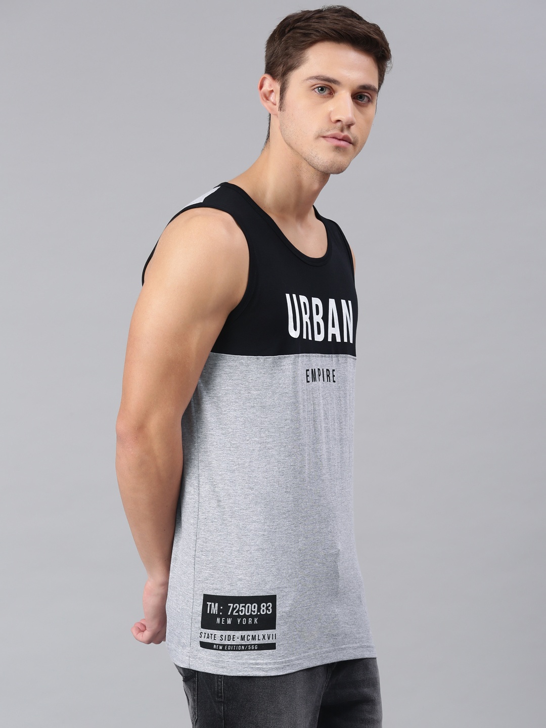 

Maniac Men Grey Melange Black Printed Round Neck Pure Cotton T-shirt