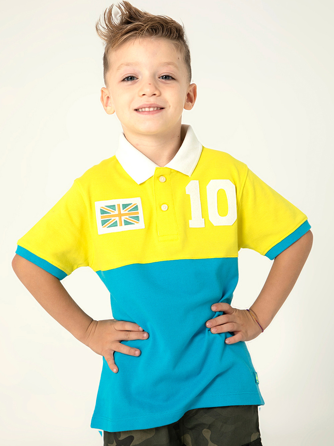 

Cherry Crumble Kids Blue & Yellow Pina Colada Colourblocked Polo Collar T-shirt