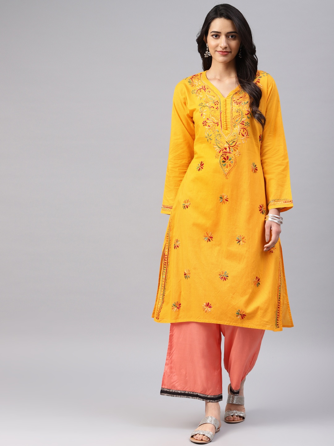 

Saadgi Women Mustard Yellow Chikankari Embroidered A-Line Kurta