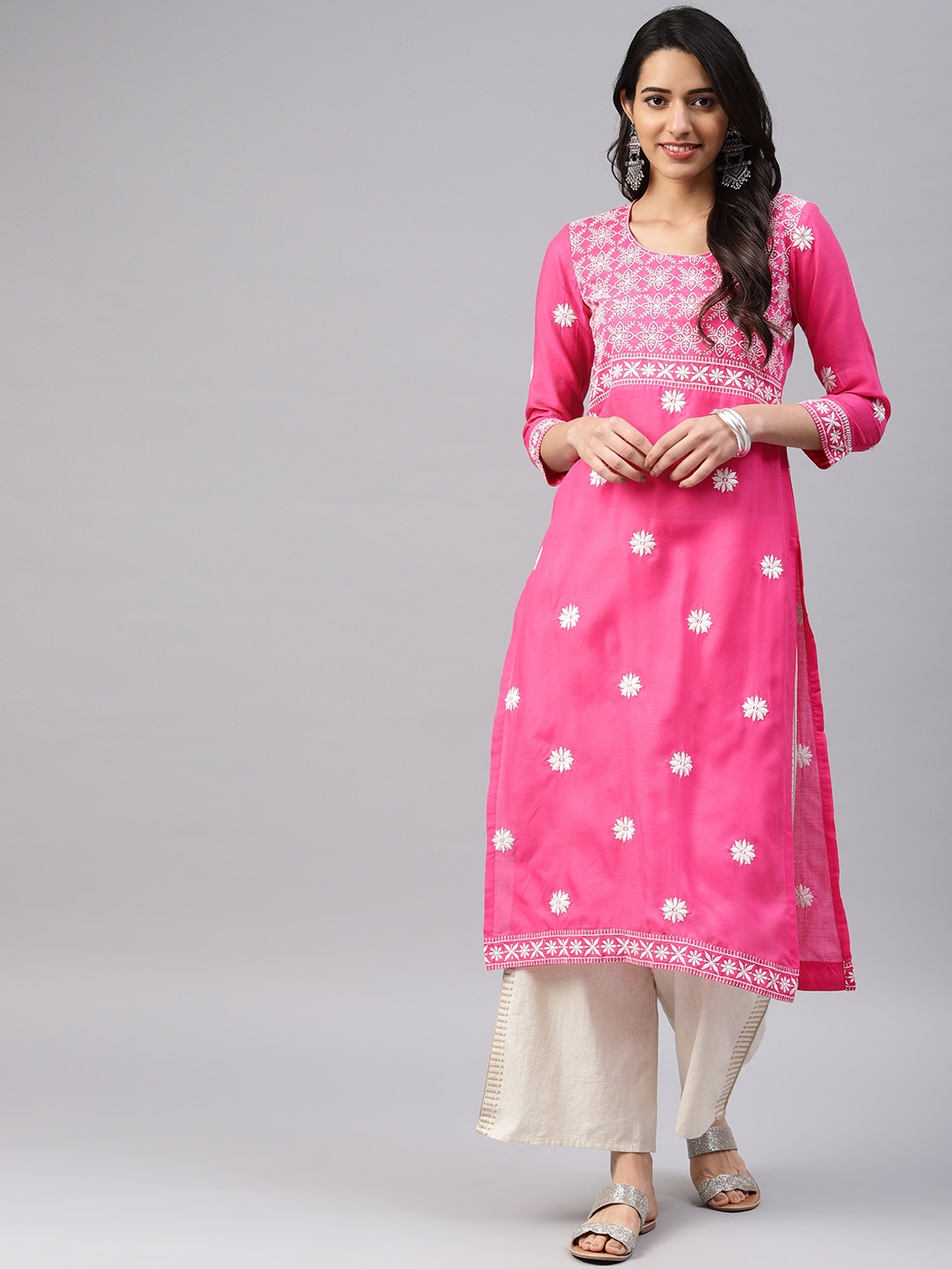 

Saadgi Women Pink & White Chikankari Embroidered Straight Kurta