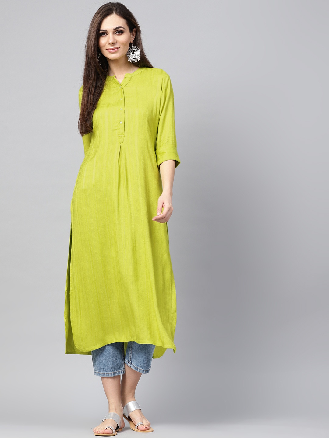 

Libas Women Green Self-Striped Straight Kurta