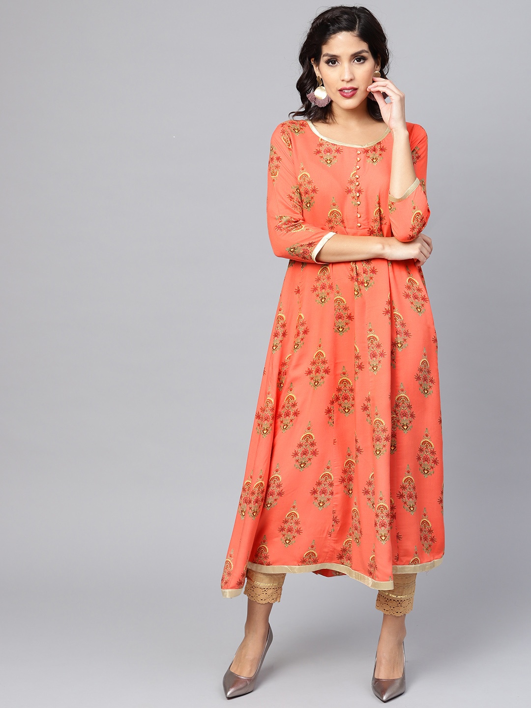 

Libas Women Orange & Green Printed A-Line Kurta