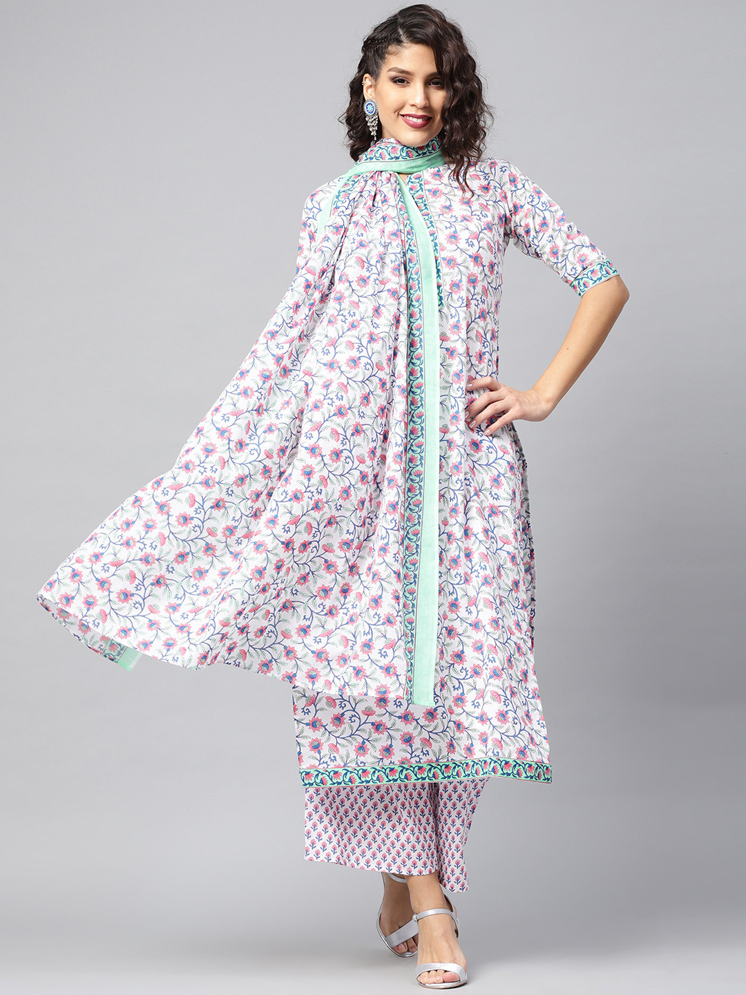 

Libas Women White & Blue Printed Kurta with Palazzos & Dupatta
