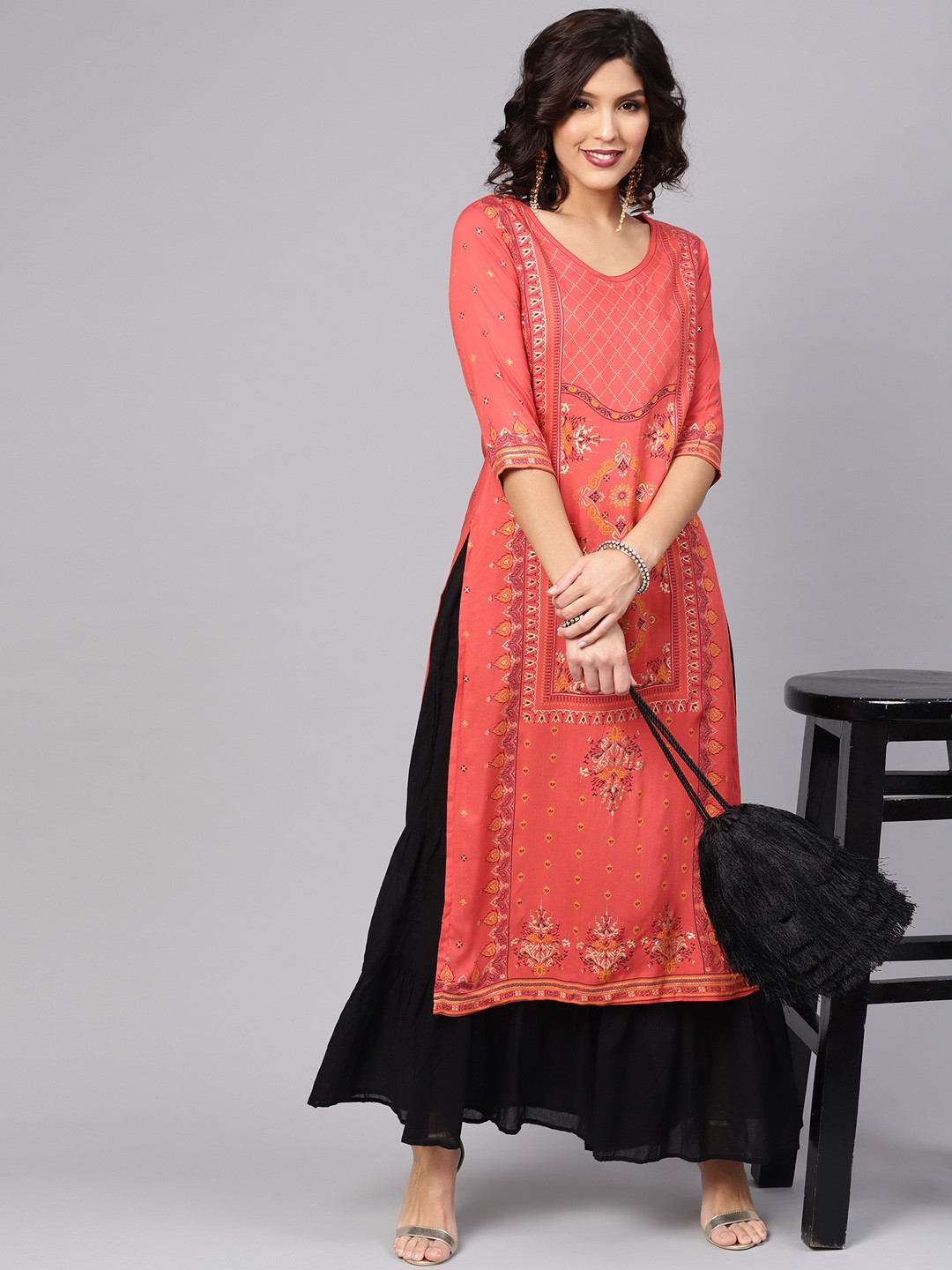 

Libas Women Coral Red & Golden Block Print Straight Kurta