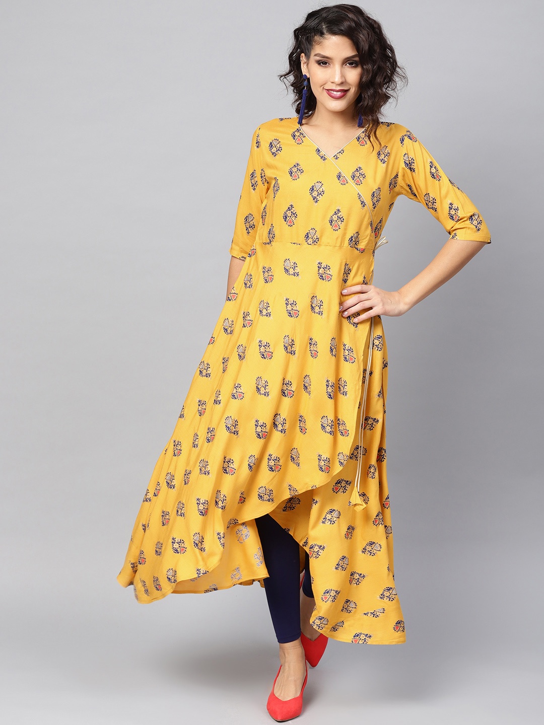 

Libas Women Mustard Yellow & Navy Blue Printed Angrakha A-Line Kurta