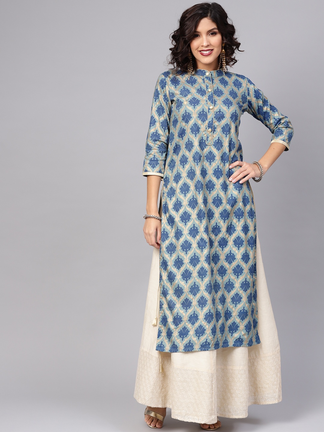 

Libas Women Blue & Golden Block Print Straight Kurta