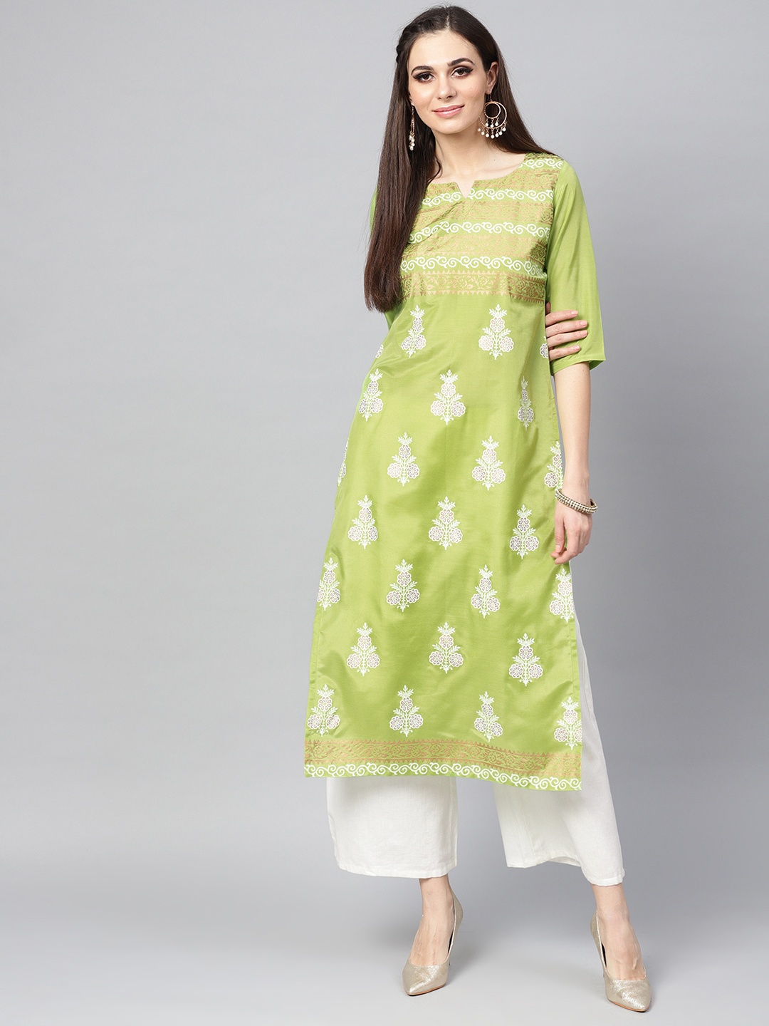 

Libas Women Green & White Block Print Straight Kurta