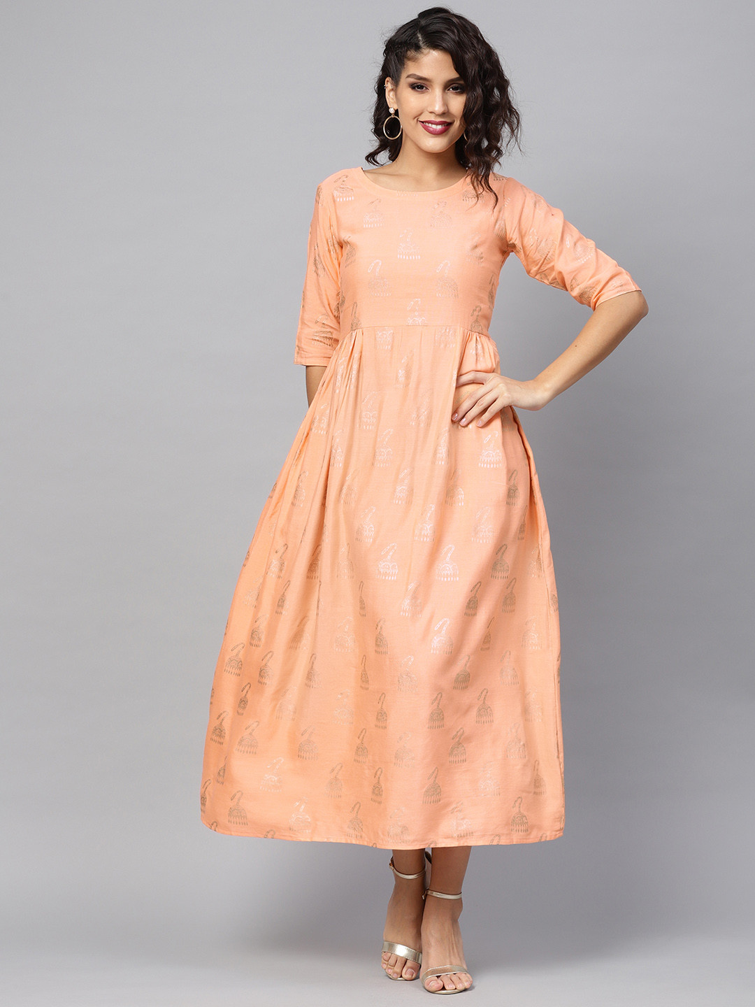 

Libas Women Peach-Coloured & Golden Block Print Maxi Dress