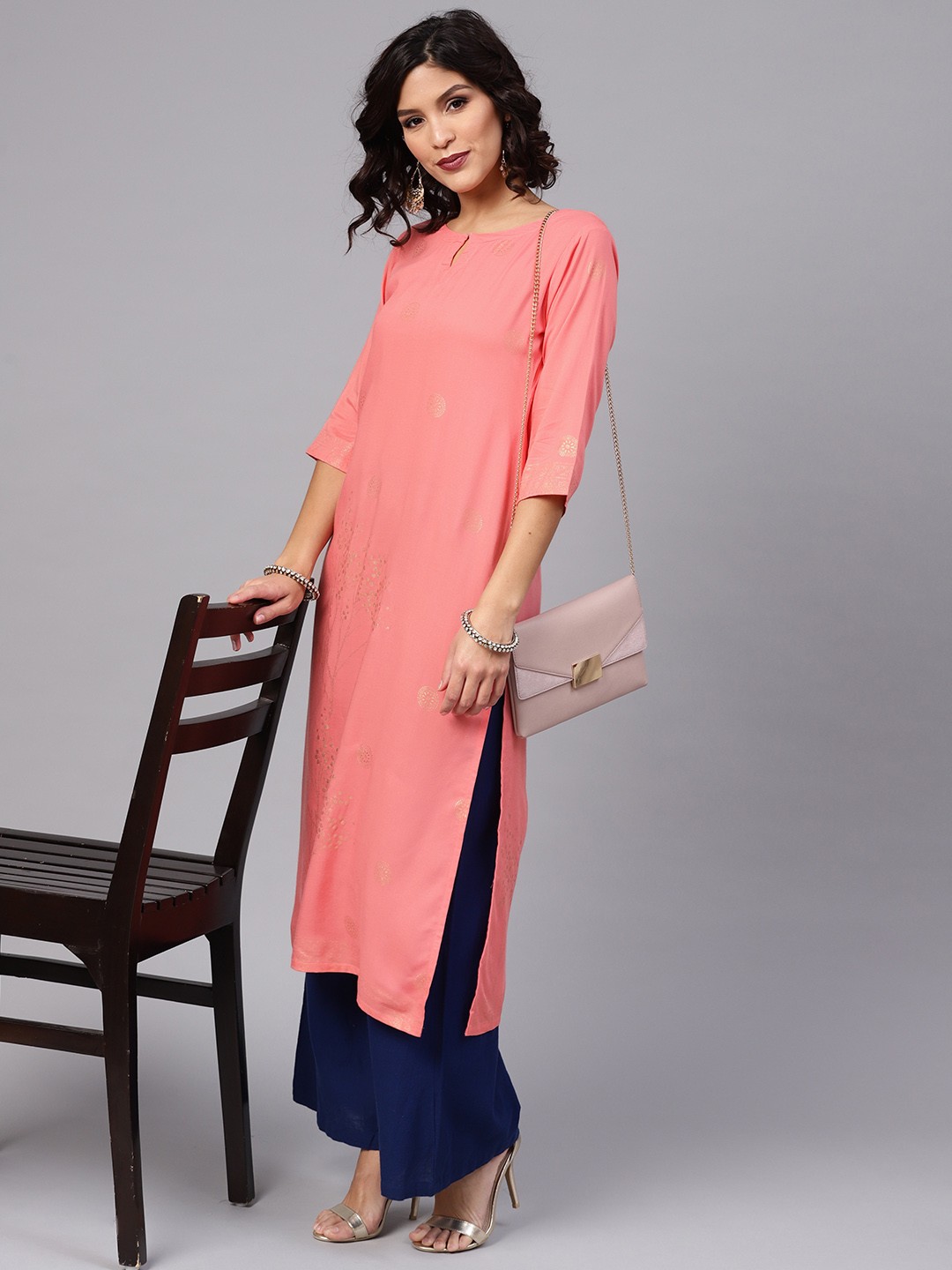 

Libas Women Peach-Coloured & Golden Block Print Straight Kurta