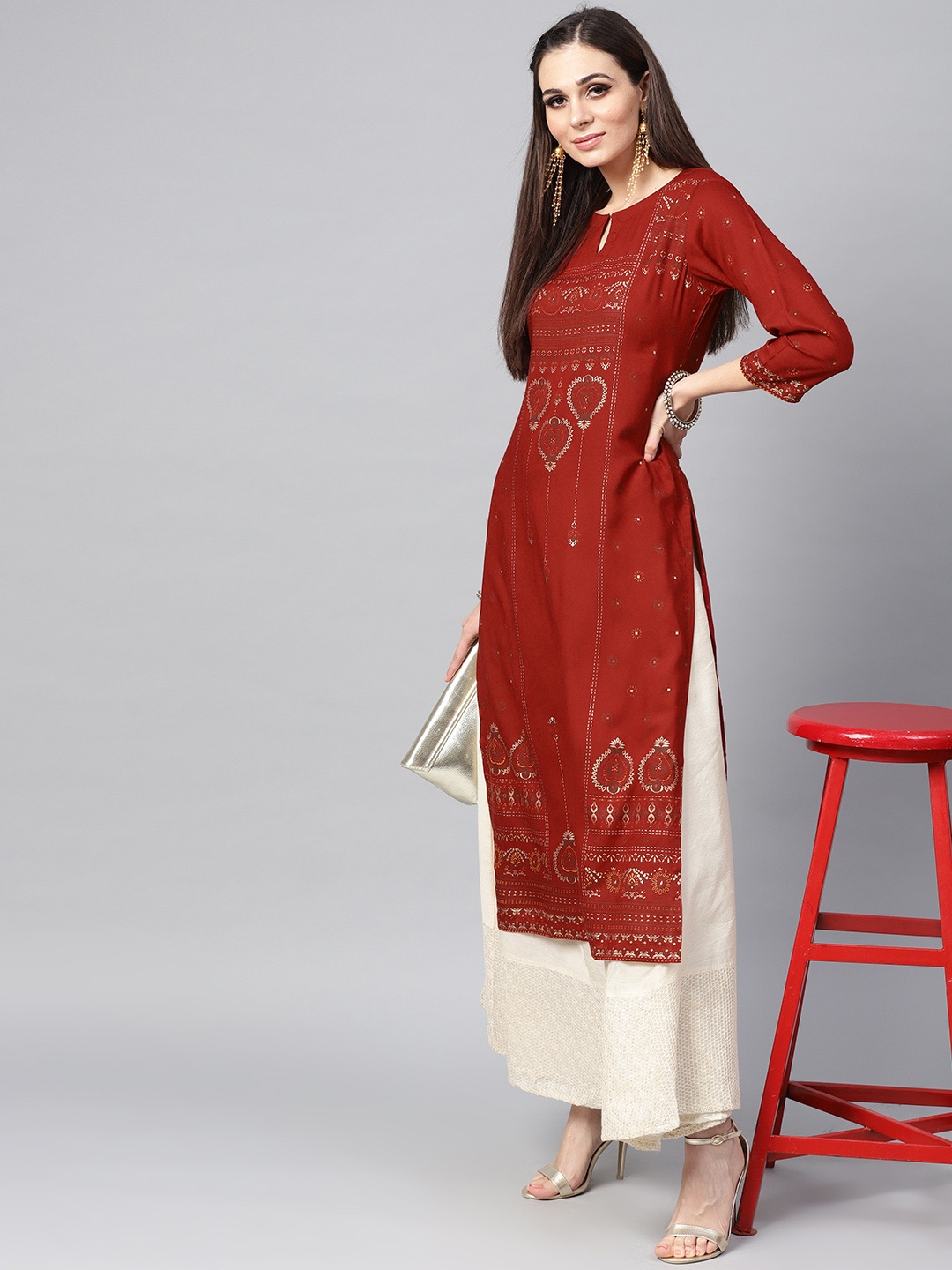 

Libas Women Maroon & Golden Block Print Straight Kurta