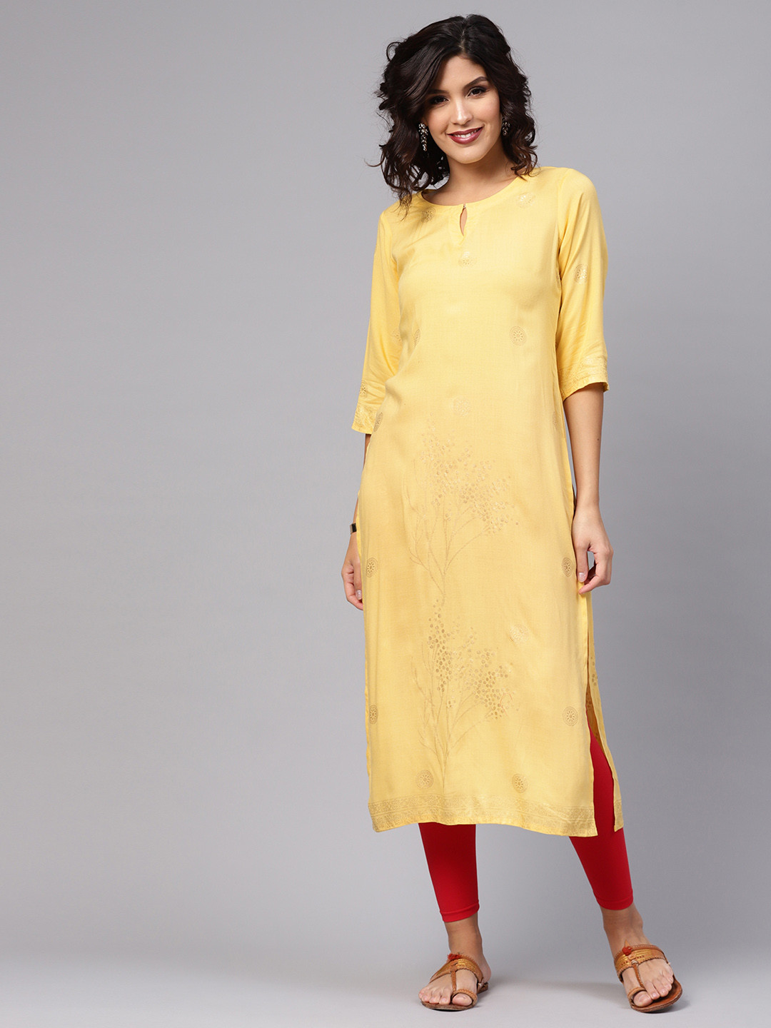 

Libas Women Yellow & Golden Block Print Straight Kurta