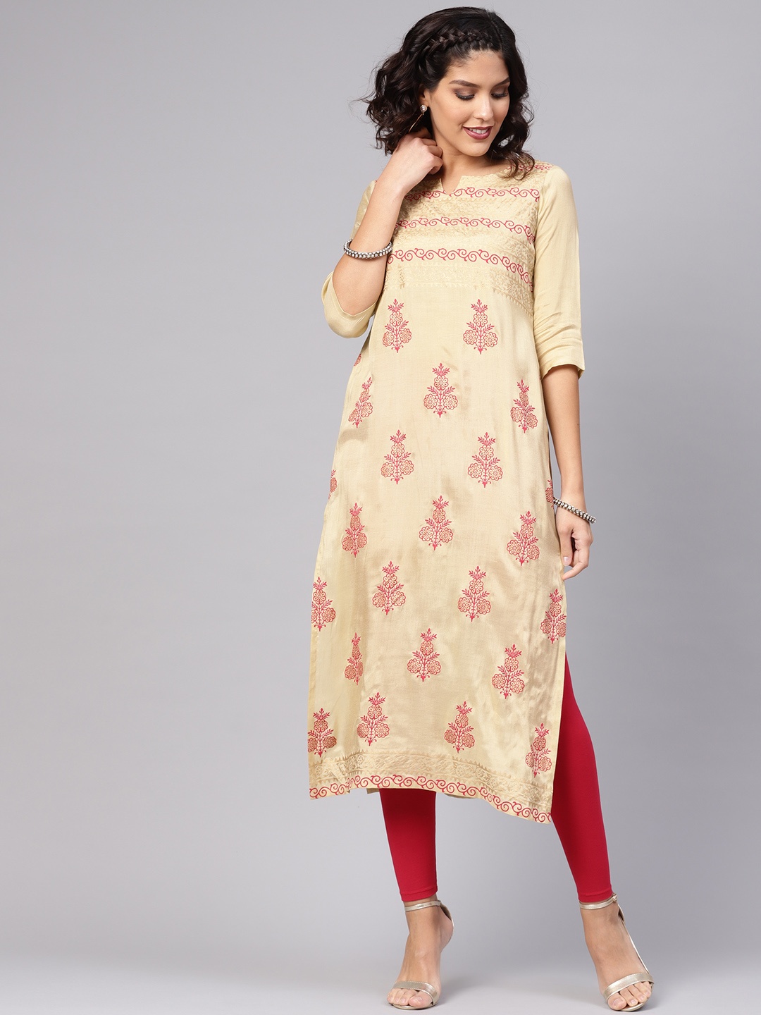 

Libas Women Beige & Red Printed Straight Kurta