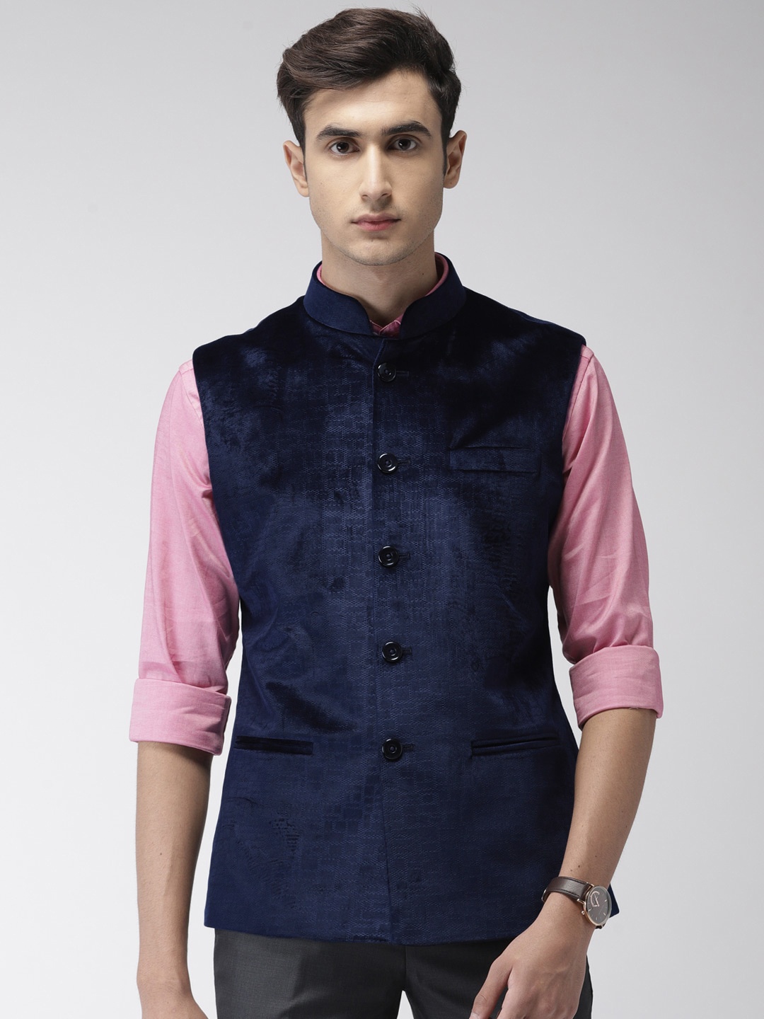

Ethnix by Raymond Navy Blue Self-Design Nehru Jacket with a Velvet Finish