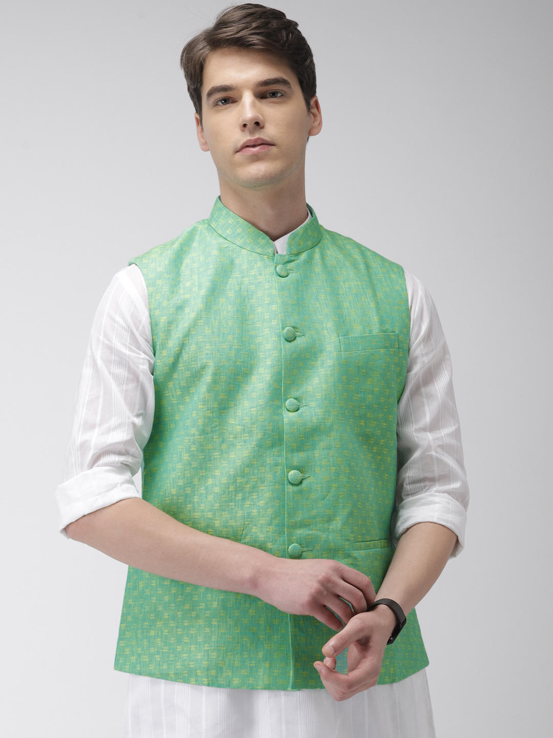 

Ethnix by Raymond Men Green & Yellow Ethnic Printed Nehru Jacket