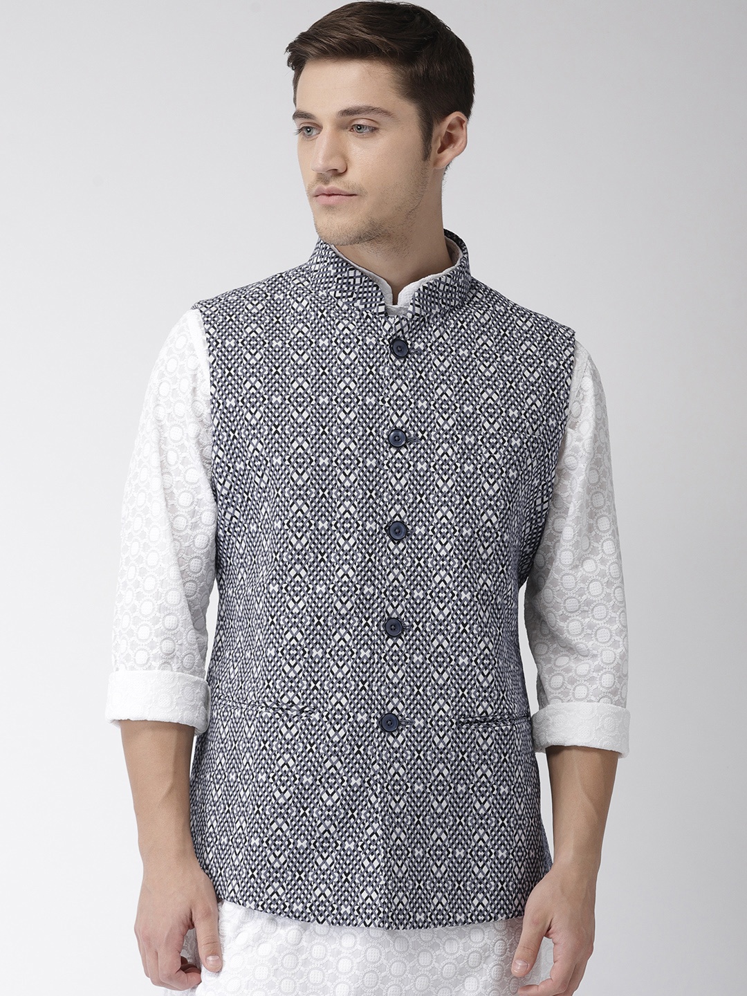 

Ethnix by Raymond Men Grey & Black Woven Design Nehru Jacket