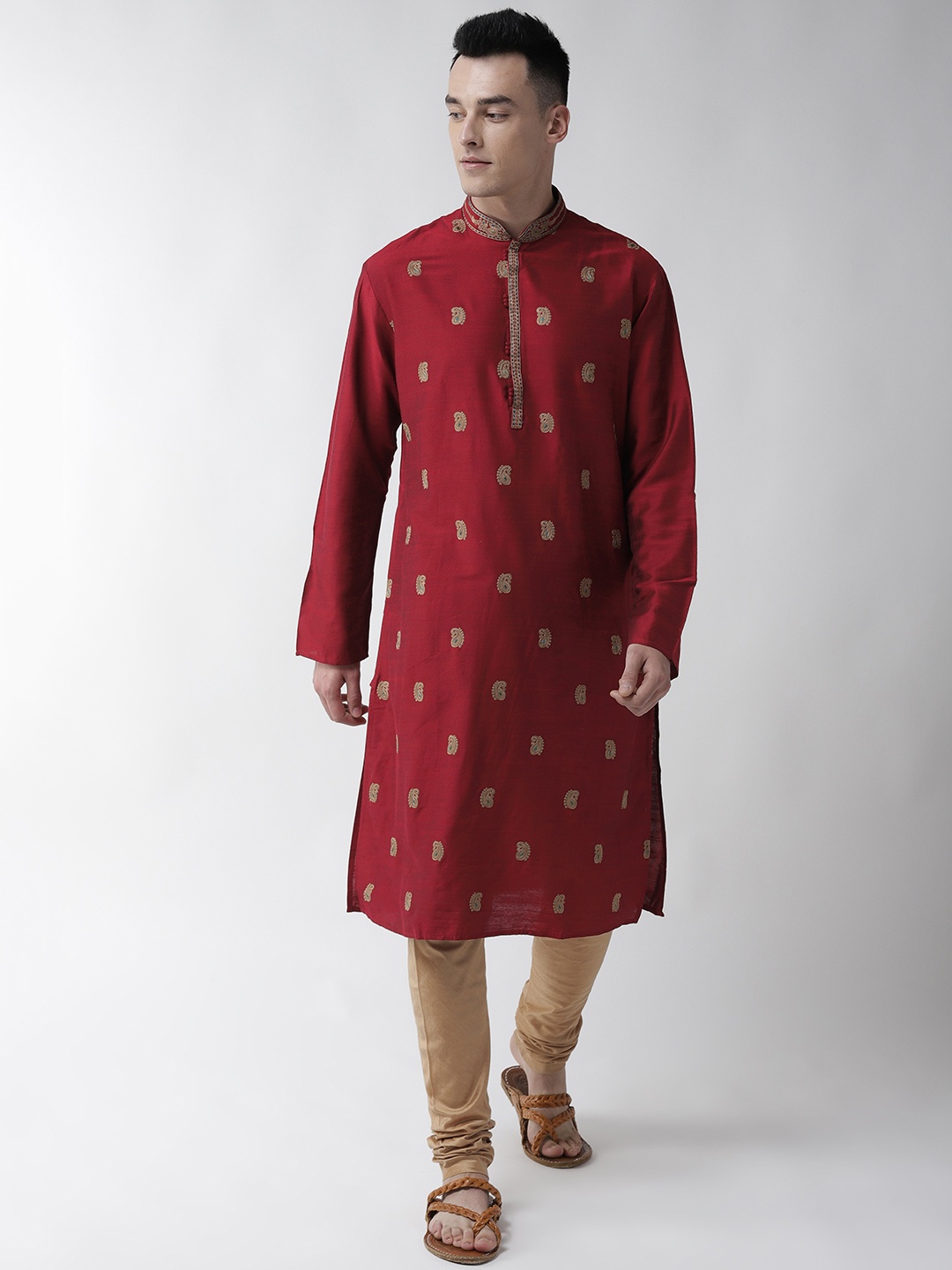 

Ethnix by Raymond Men Maroon & Beige Embroidered Kurta with Churidar