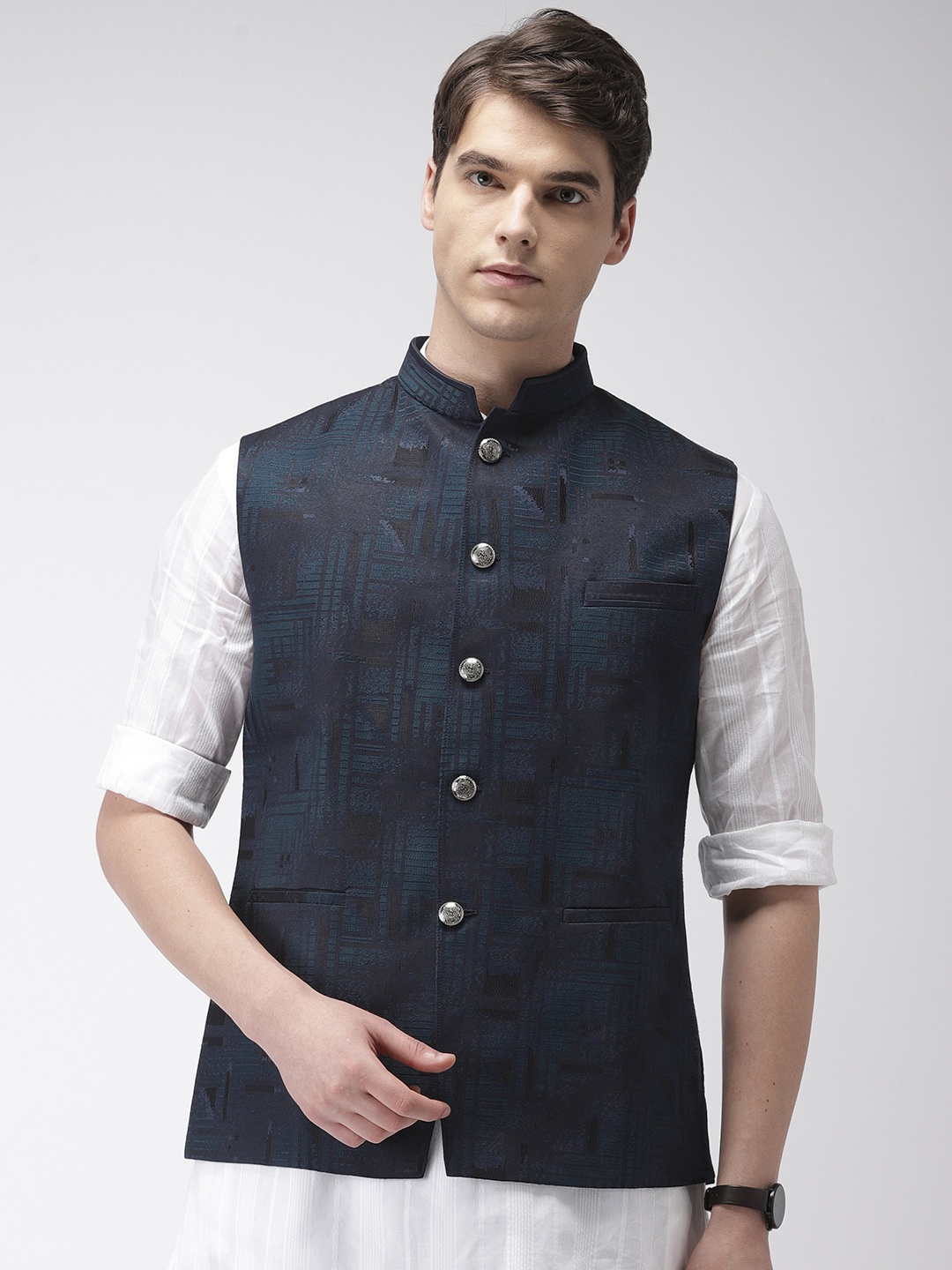 

Ethnix by Raymond Men Teal Blue Woven Design Nehru Jacket