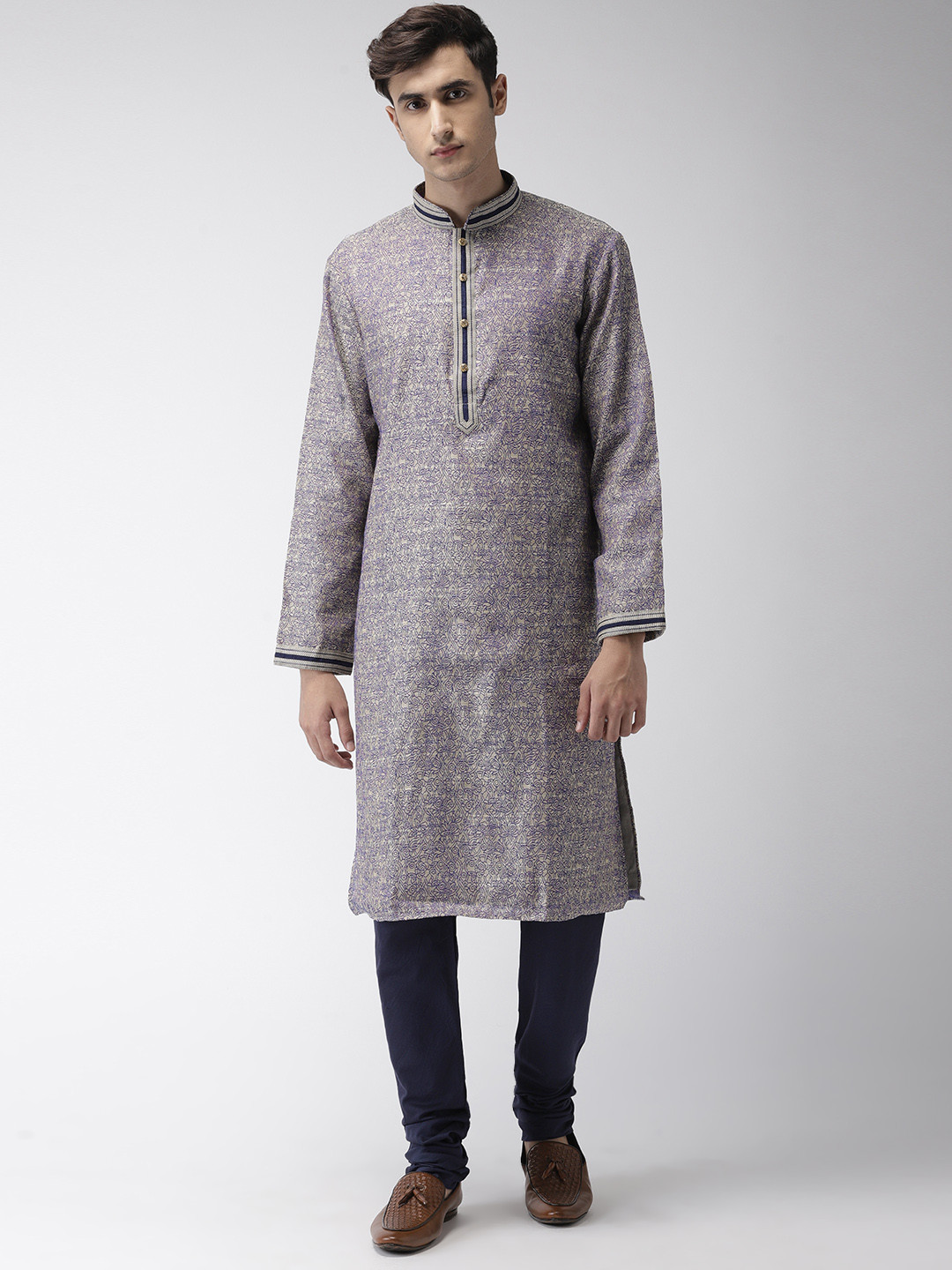 

Ethnix by Raymond Men Grey & Navy Blue Woven-Design Kurta with Churidar