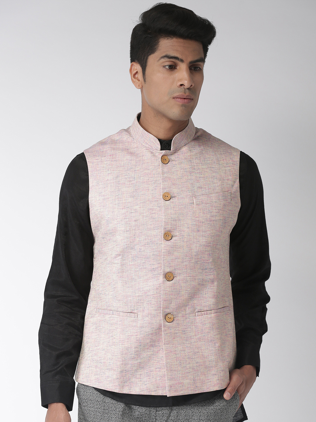 

Ethnix by Raymond Men Beige & Pink Self Design Linen Nehru Jacket