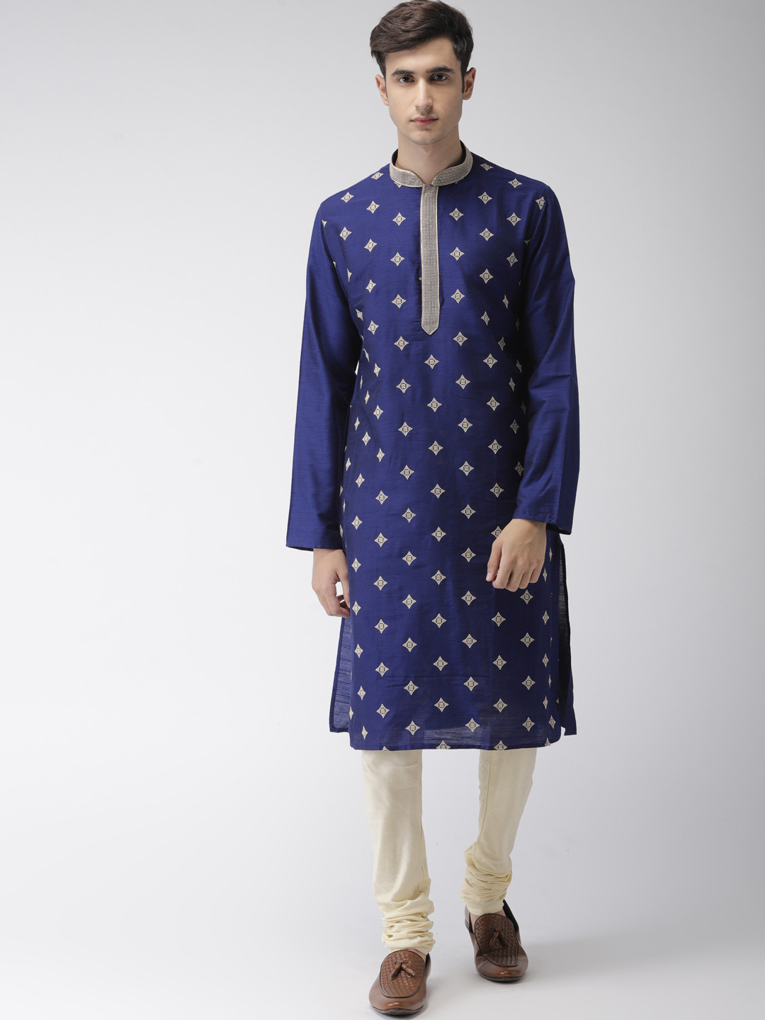 

Ethnix by Raymond Men Navy Blue Embroidered Kurta with Off-White Solid Churidar