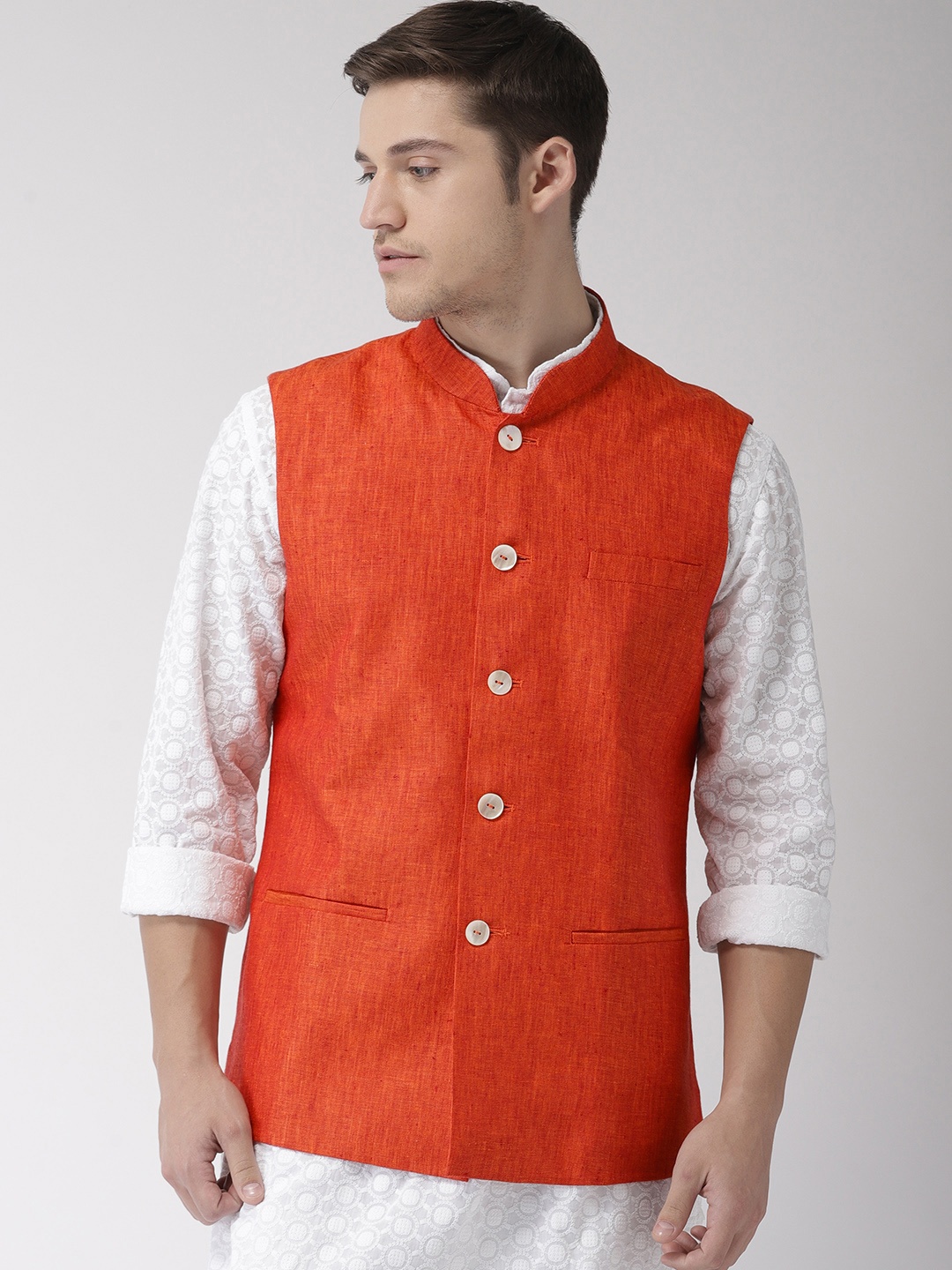 

Ethnix by Raymond Men Rust Orange Solid Linen Nehru Jacket