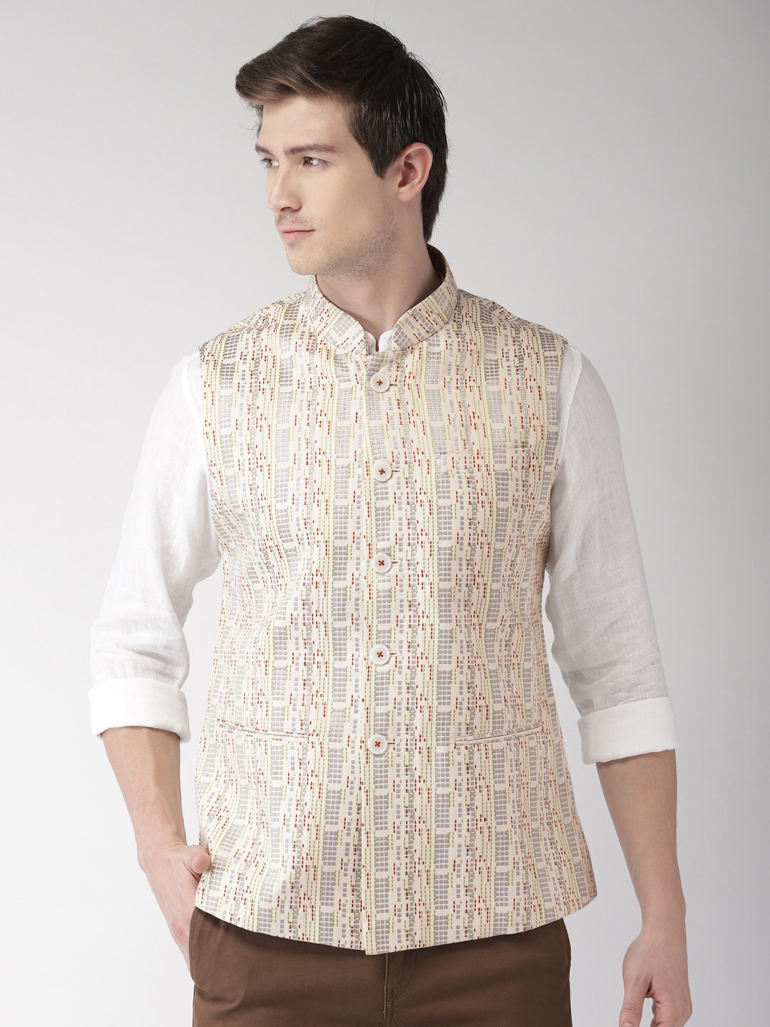 

Ethnix by Raymond Men Off White Striped Nehru Jacket