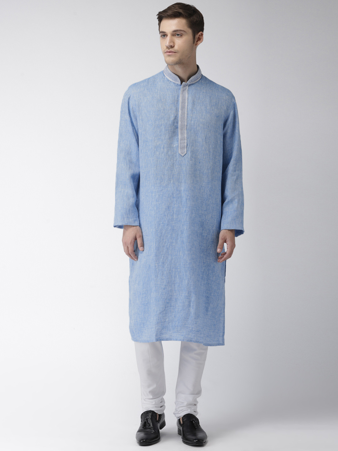 

Ethnix by Raymond Men Blue & White Woven Design Linen Kurta with Churidar