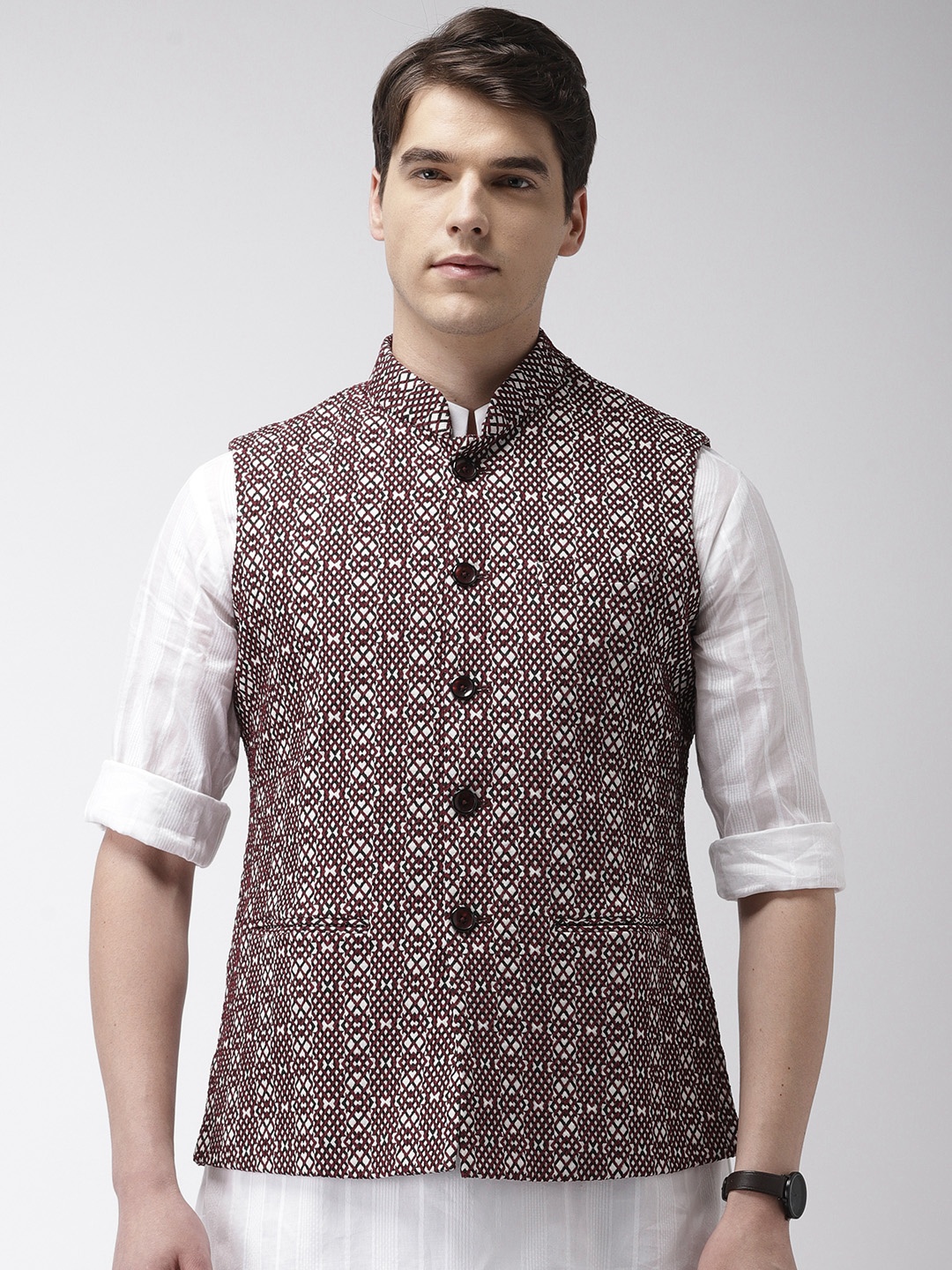 

Ethnix by Raymond Maroon & White Woven Design Nehru Jacket