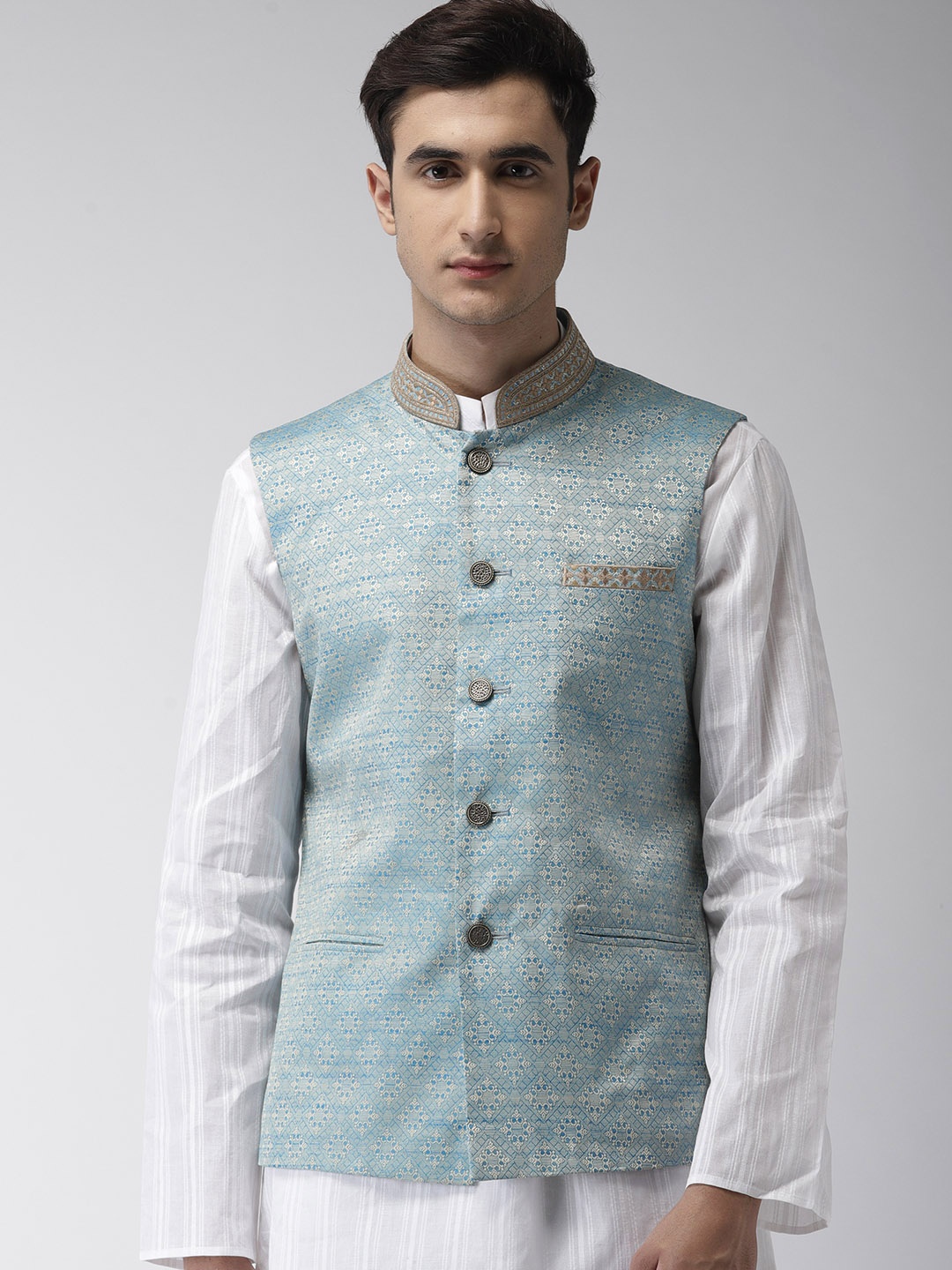 

Ethnix by Raymond Men Blue Jaquard Woven Design Nehru Jacket