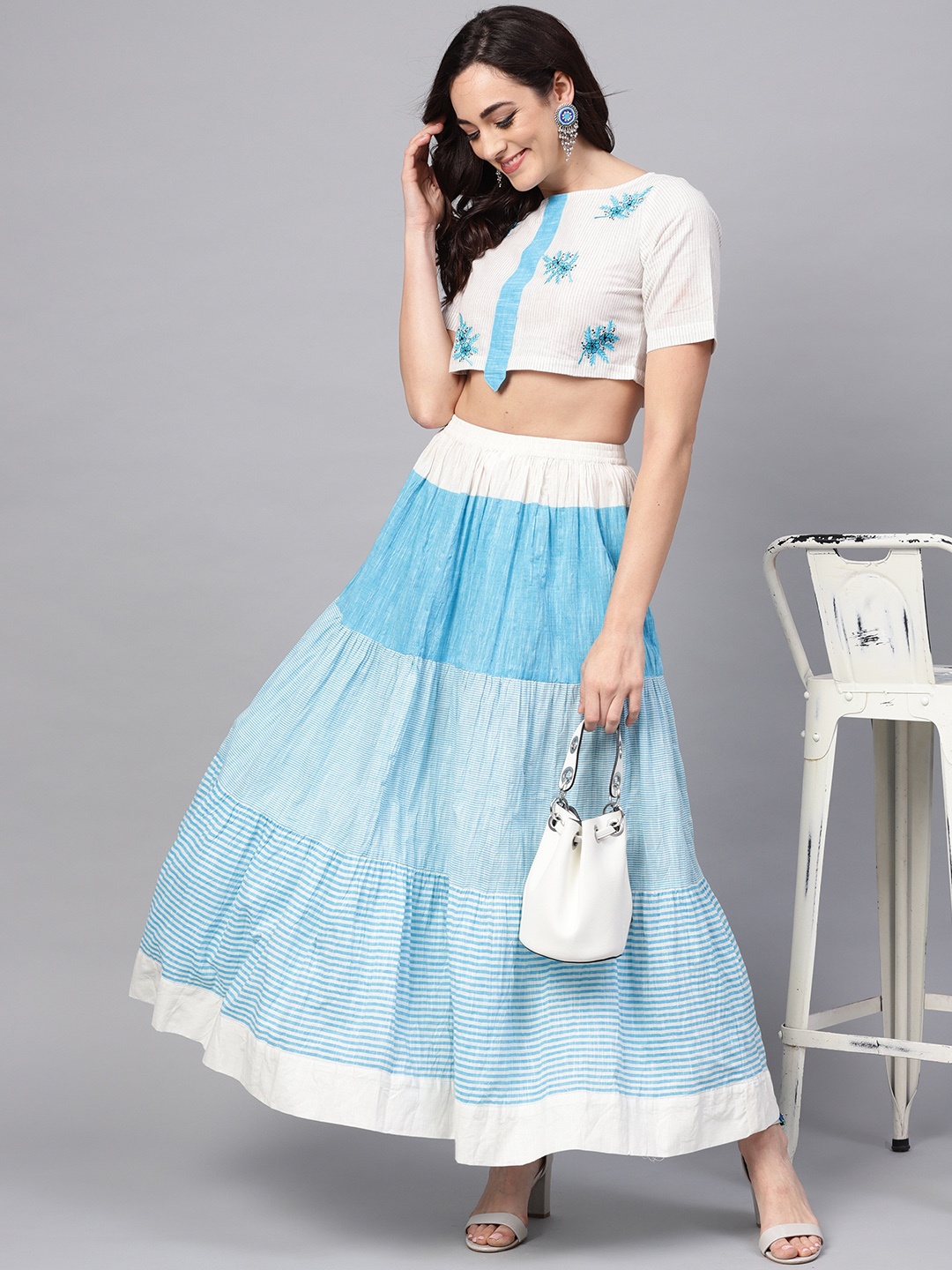 

Pannkh Women White & Blue Striped Crop Top with Skirt