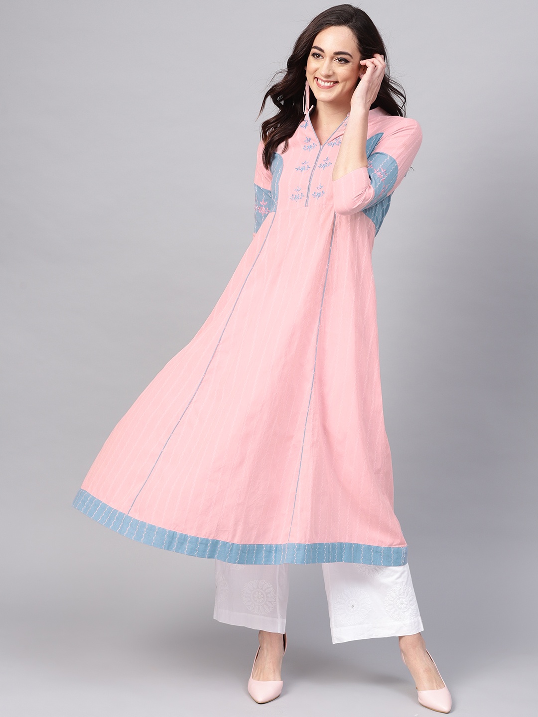 

Pannkh Women Pink Striped A-Line Handloom Kurta