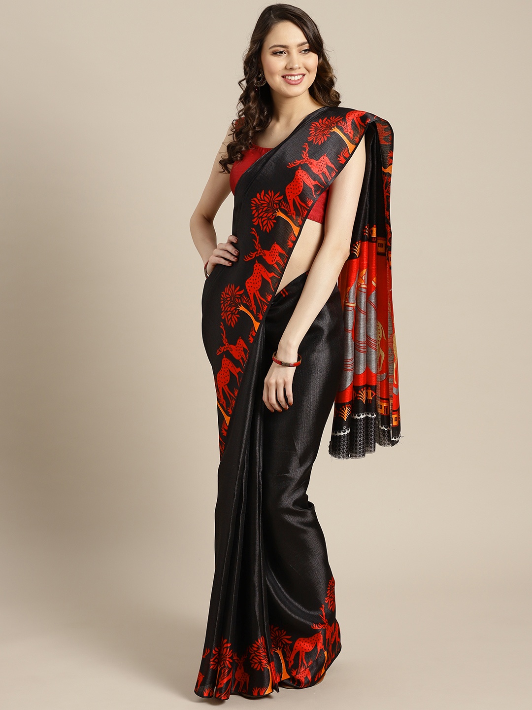 

Ishin Black & Red Poly Silk Solid Saree