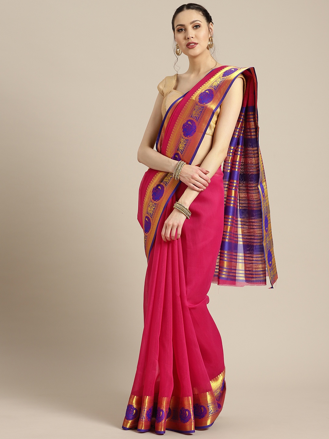 

Ishin Pink & Blue Solid Saree
