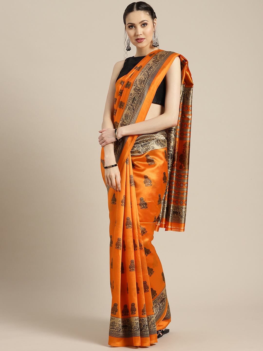 

Ishin Orange & Beige Poly Silk Printed Saree