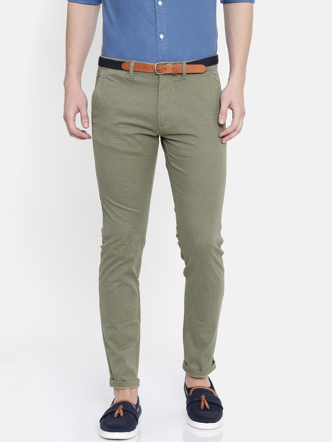 

SELECTED Men Olive Green Urban Slim Slim Fit Printed Chinos