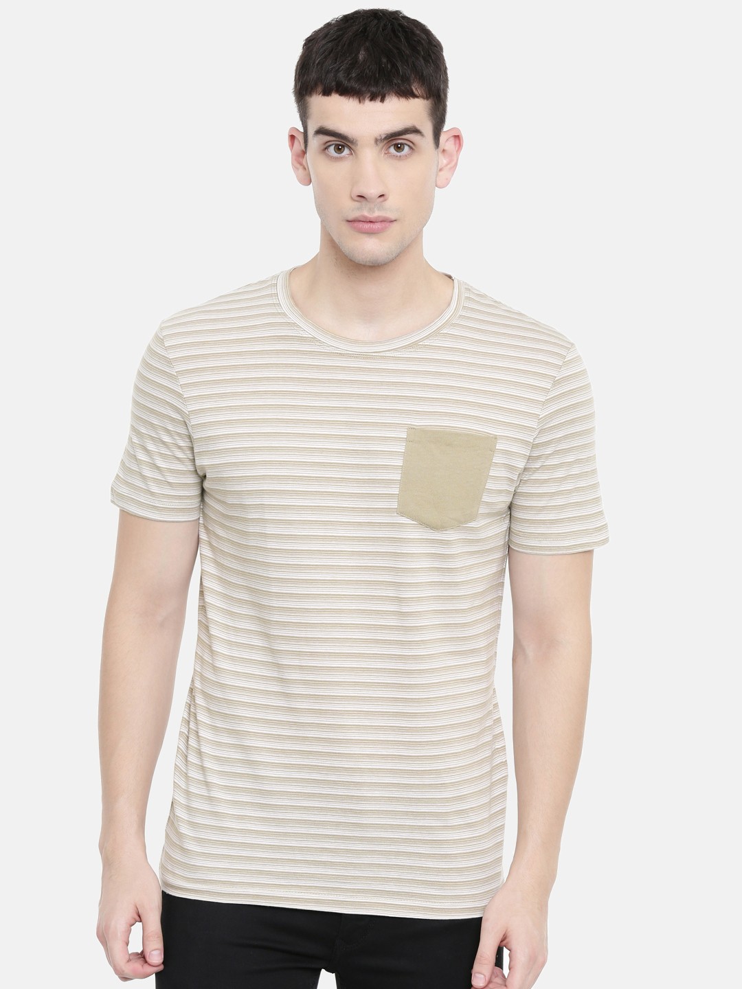 

SELECTED Men Brown Striped Round Neck Pure Cotton T-shirt