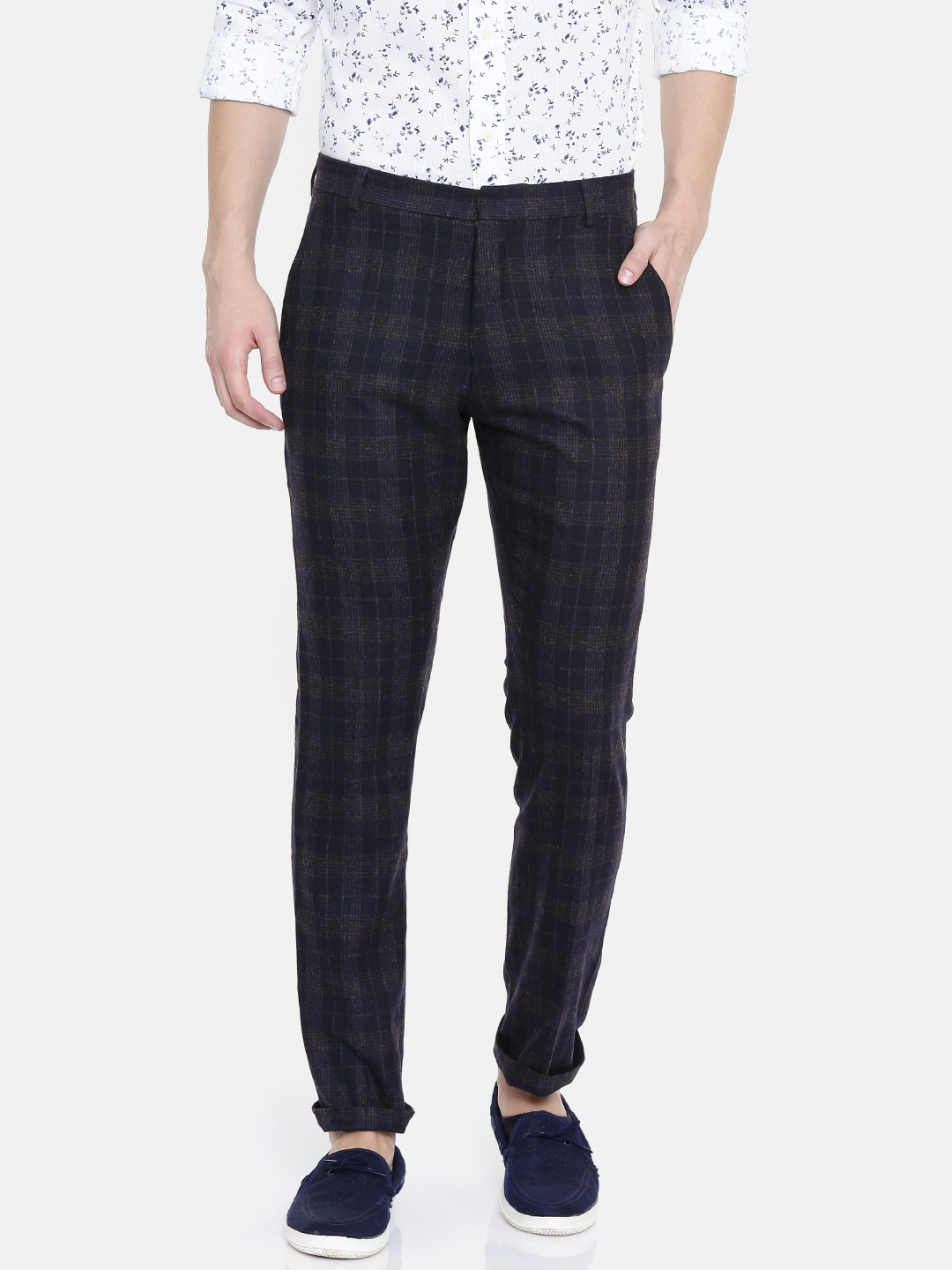 

SELECTED Men Navy Blue & Grey Slim Fit Checked Smart Casual Trousers