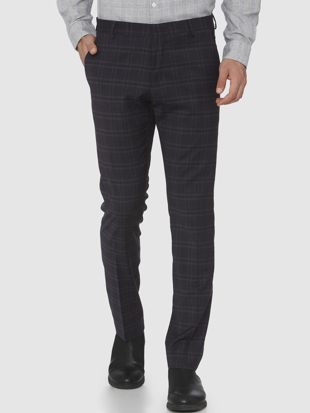 

SELECTED Men Navy Blue & Grey Checked Slim Fit Regular Trousers