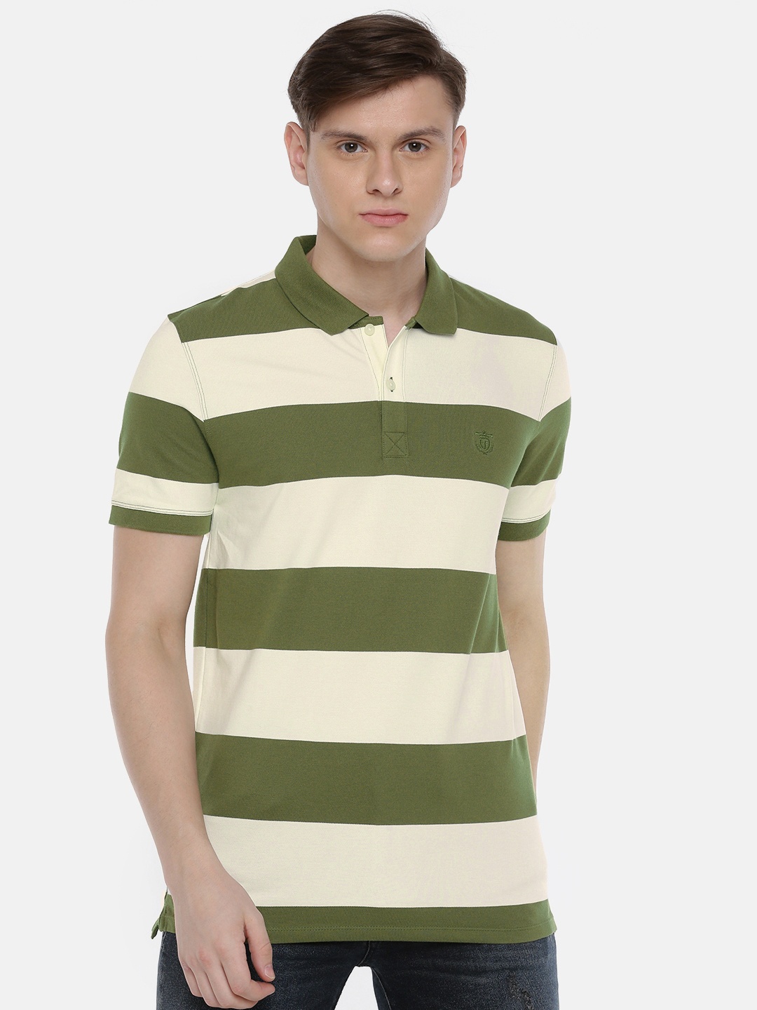 

SELECTED Men Green & Off-White Striped Polo Collar T-shirt