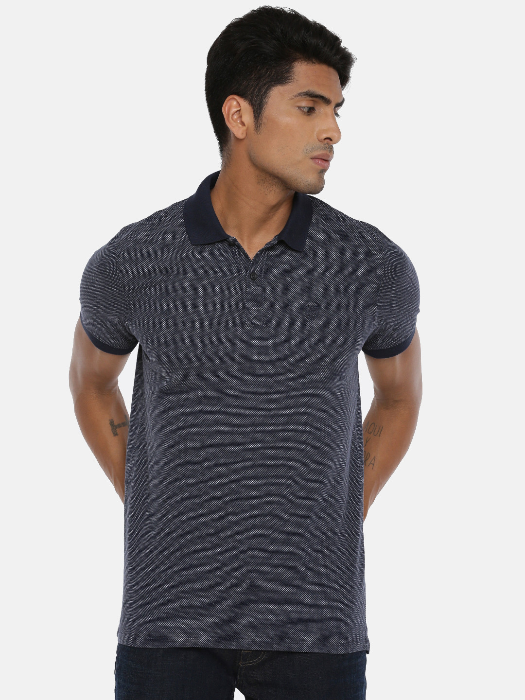 

SELECTED Men Navy Blue Self-Design Polo Collar Pure Cotton T-shirt