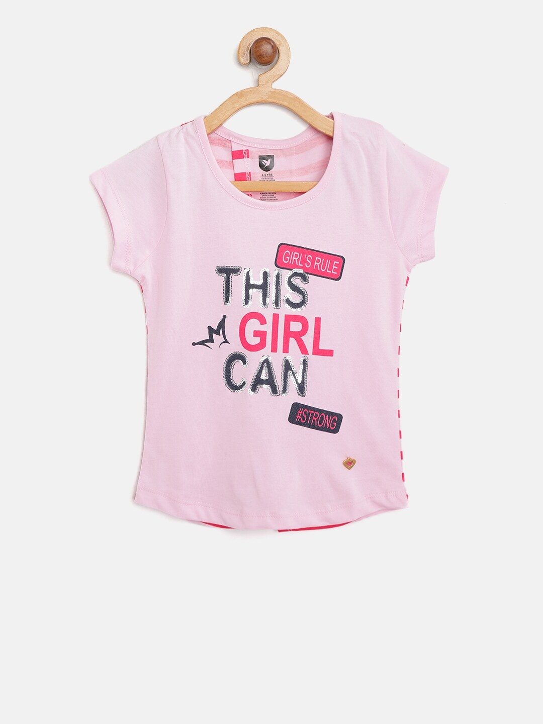 

612 league Girls Pink Printed Pure Cotton Top with Striped Back