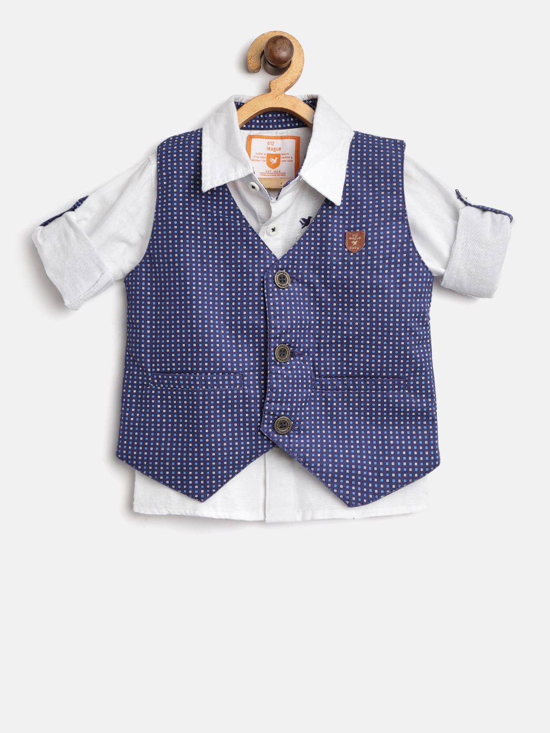 

612 league Boys White Regular Fit Solid Casual Shirt with Waistcoat