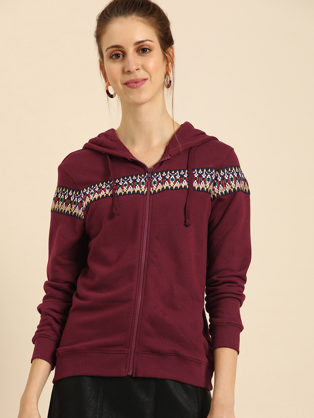 

DressBerry Women Burgundy Embroidered Hooded Sweatshirt