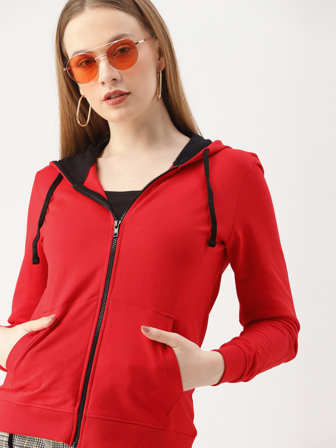 

DressBerry Women Red Solid Hooded Sweatshirt