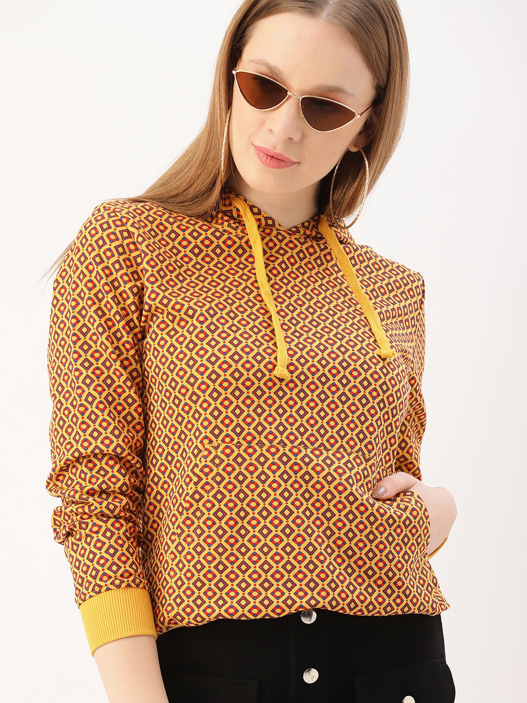 

DressBerry Women Mustard Yelllow & Navy Blue Printed Hooded Sweatshirt