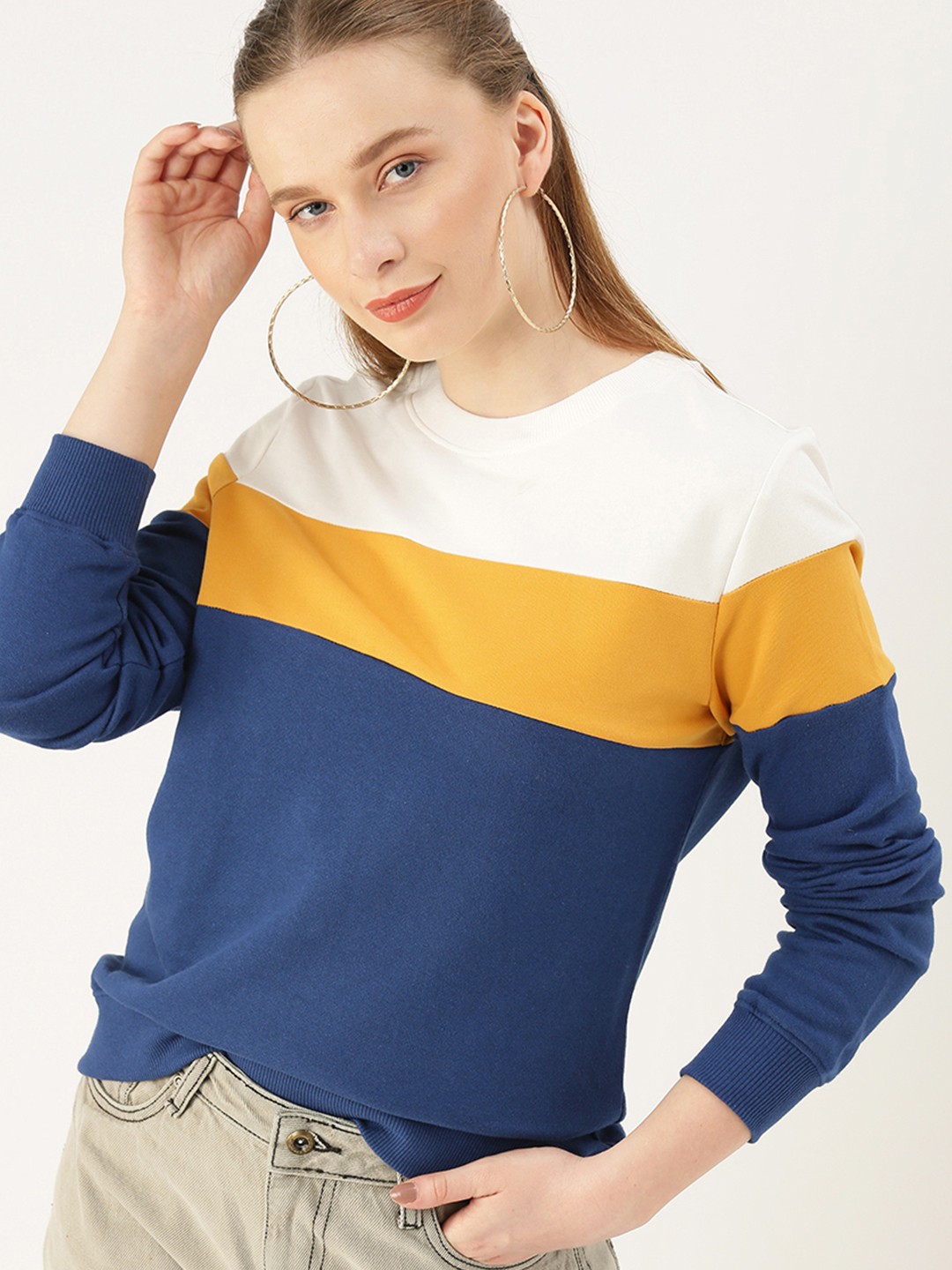 

DressBerry Women Navy Blue & White Colourblocked Sweatshirt